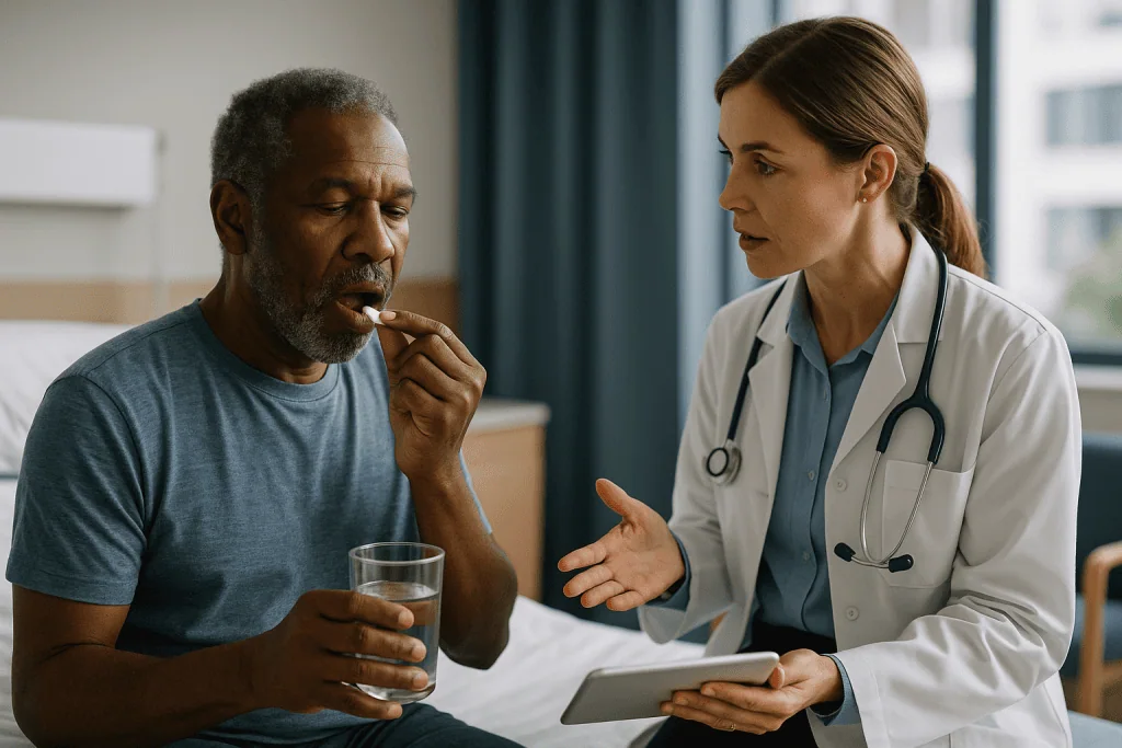 Doctor consulting with patient holding water glass: How antibiotics work against pneumonia, and why timing matters