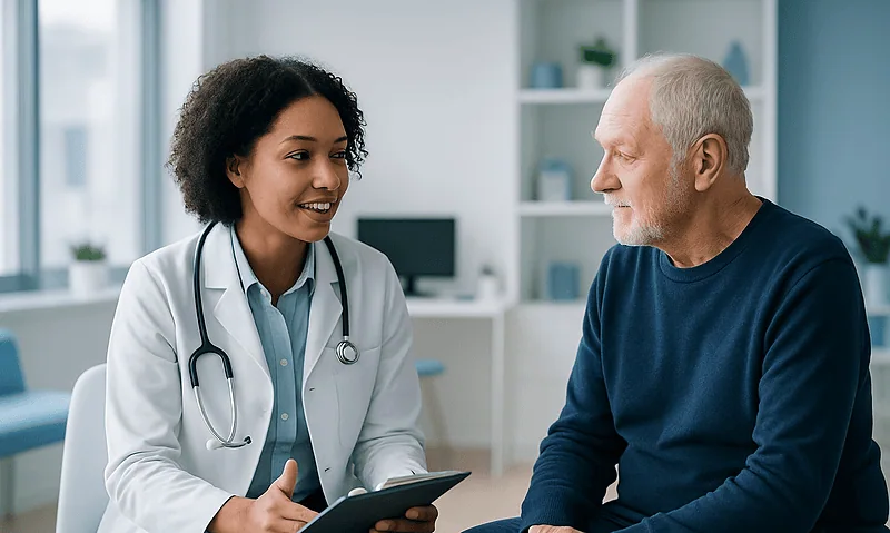 Doctor consulting with an elderly male patient in a medical office.