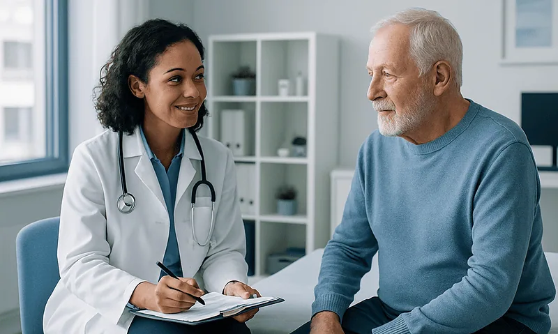 Doctor consulting with an elderly male patient in a medical office.