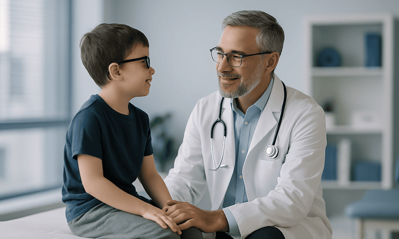 Pediatric doctor consulting with a young boy in a medical office.