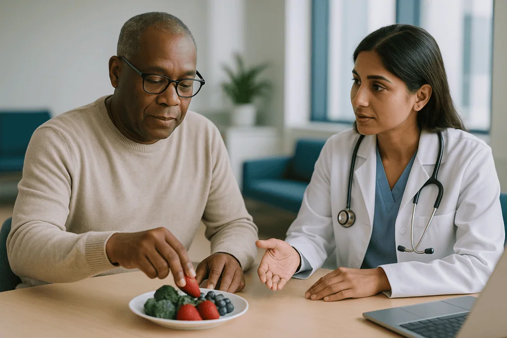 Doctor consulting patient about healthy food choices: How are quercetin and fisetin supposed to clear senescent cells?