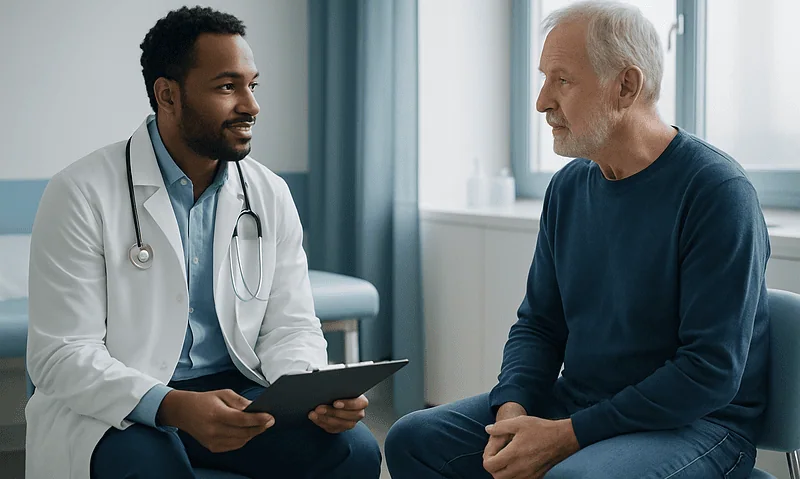Doctor consulting with an elderly patient in a medical office.