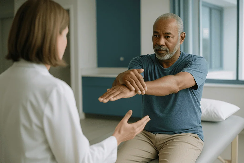 Healthcare provider examining patient's arm mobility: How arthritis treatment actually works to ease stiffness