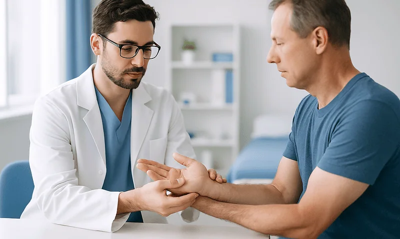Doctor examining patient's wrist for arthritis symptoms.