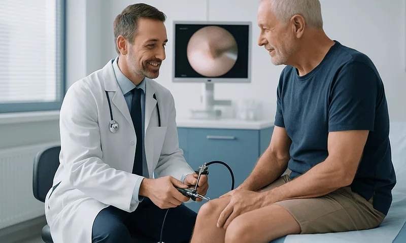 Doctor explaining arthroscopy procedure to patient in clinic.