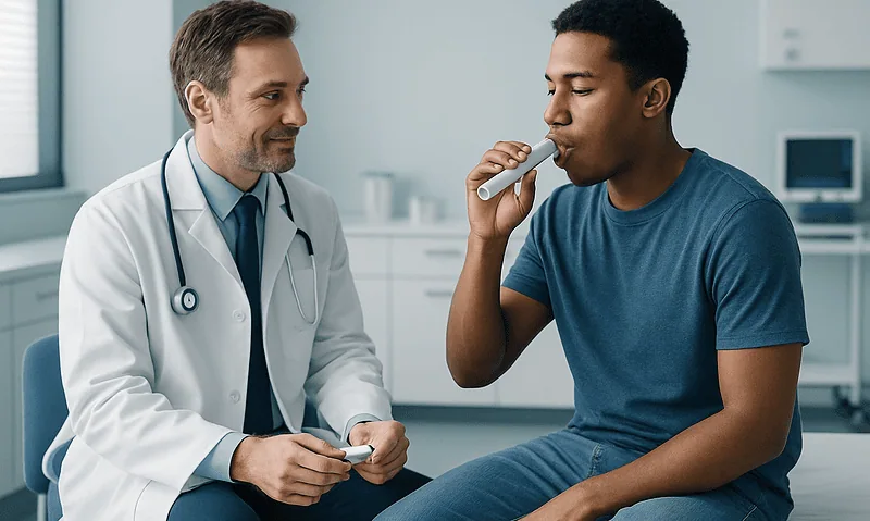 Doctor explains breathing test to young male patient in clinic.