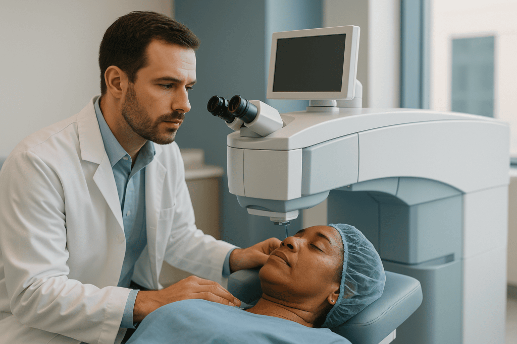 Ophthalmologist examining patient with advanced diagnostic equipment: How astigmatism laser surgery actually works, in plain