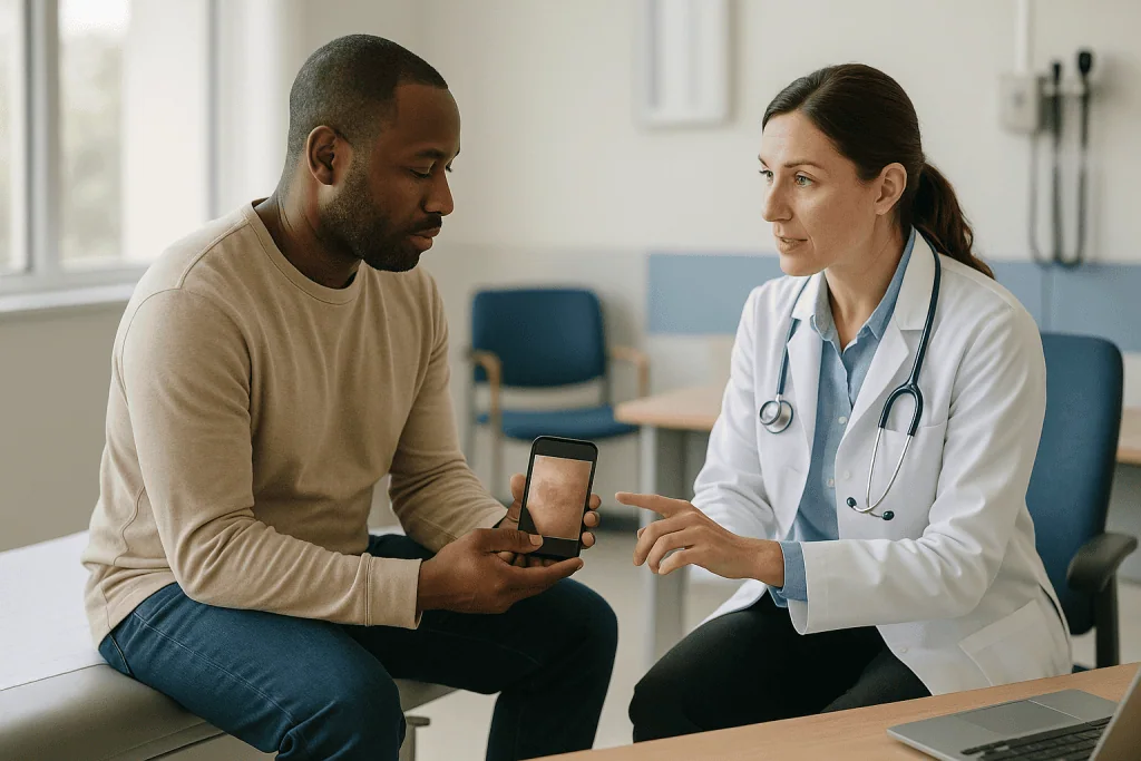 Doctor consulting patient about skin condition on phone: How atopic dermatitis consultation photos change what happens in th