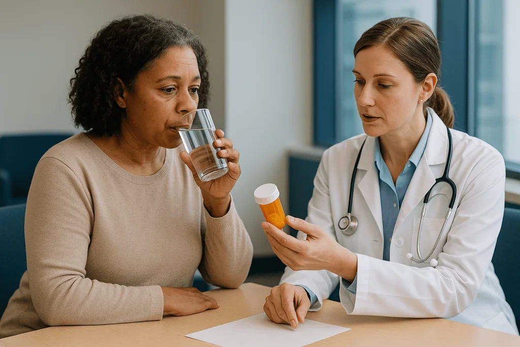 Doctor consulting patient about medication in office: How autoimmune hepatitis treatment works, in plain language