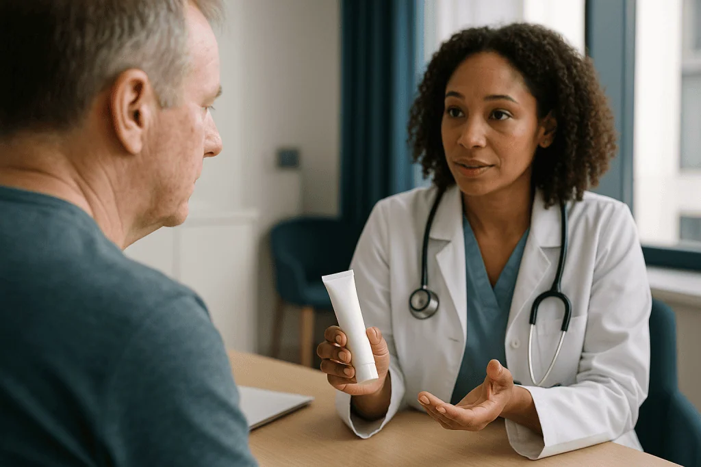 Doctor consulting with patient, holding unmarked skincare product — How azelaic acid works: four mechanisms in one molecule
