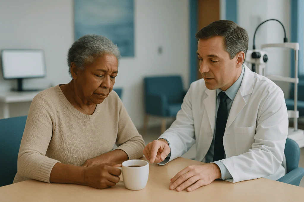 Doctor consulting with older patient over coffee: How bad does a cataract have to be before they do surgery?
