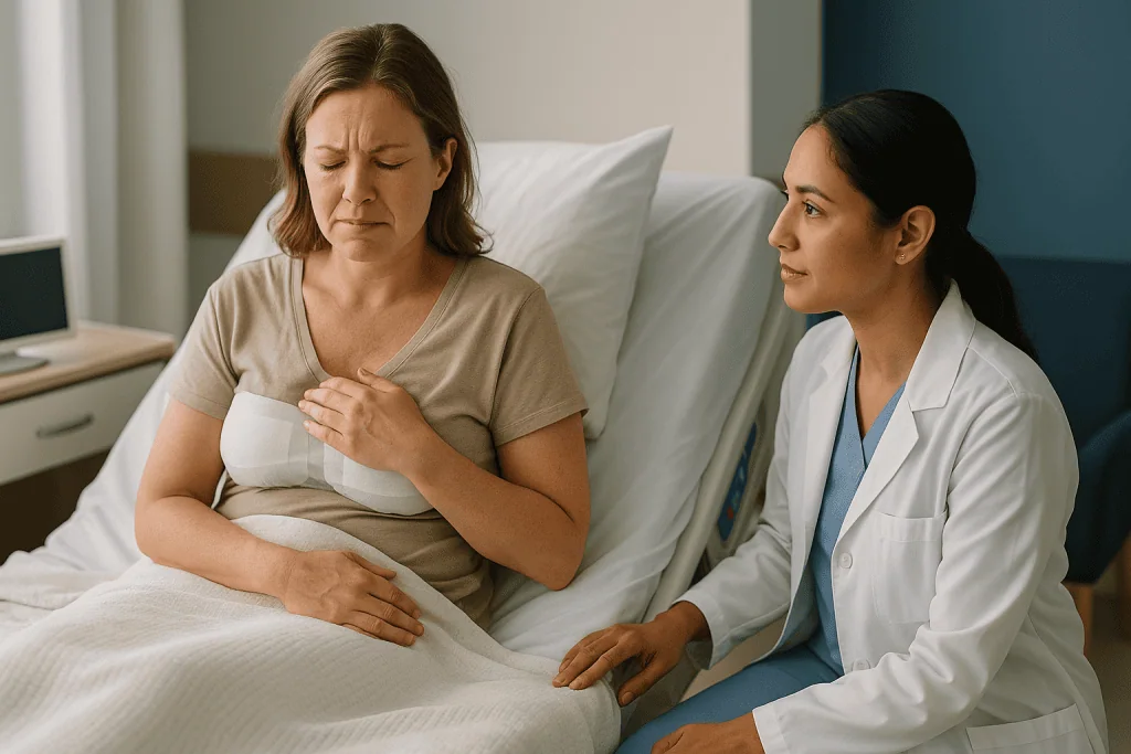 Doctor consulting patient in hospital bed about chest discomfort: How bad is breast reduction pain after surgery, and how lo