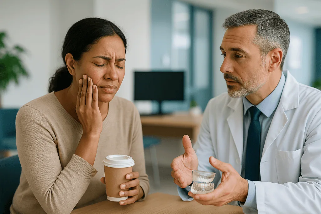 Doctor discussing dental model with patient in office: How bad is bruxism? What the evidence actually says about the risks