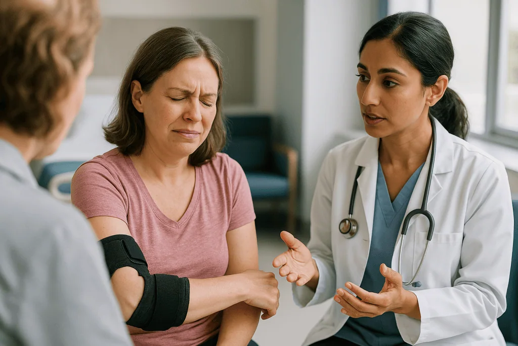 Female doctor consulting patient with arm injury brace: How bad is the pain after cubital tunnel surgery?