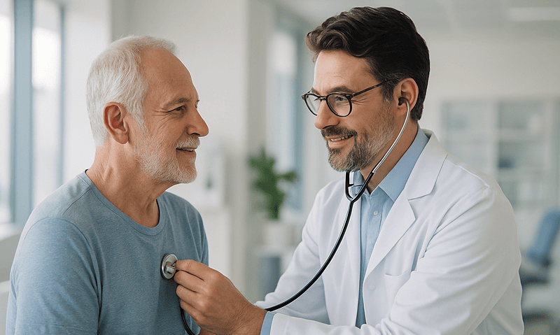 Doctor listening to senior patient's heartbeat with stethoscope in clinic.
