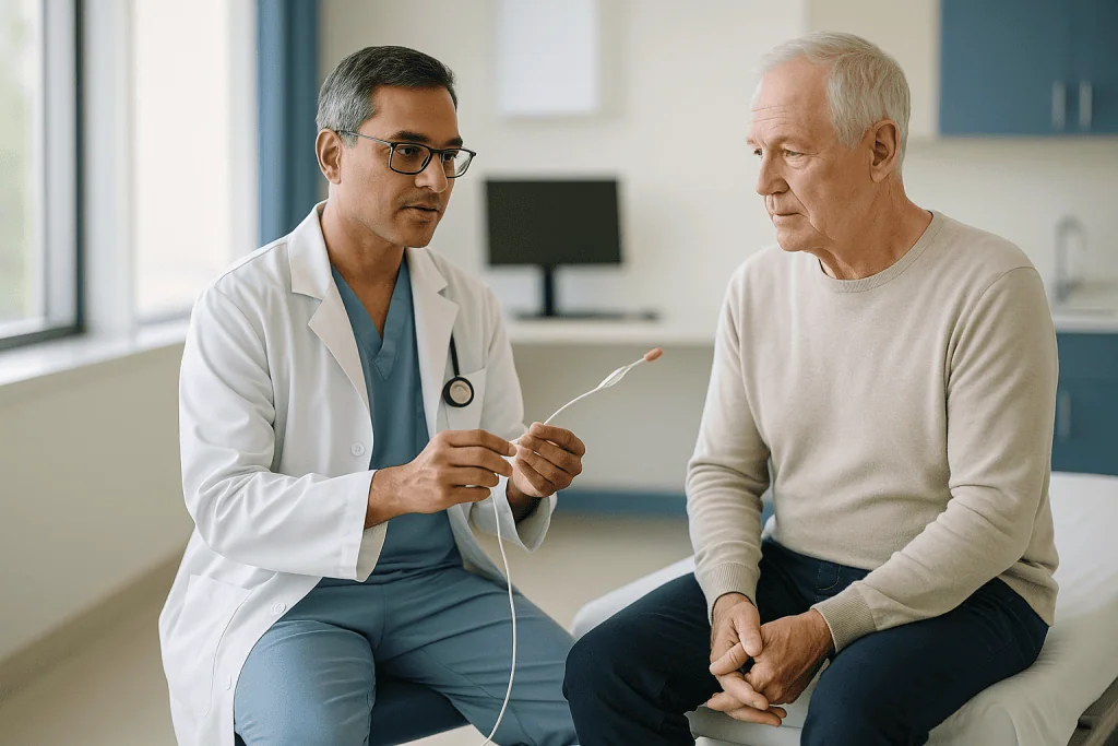 Doctor consulting senior patient in clinical office setting: How balloon valvuloplasty works, step by step