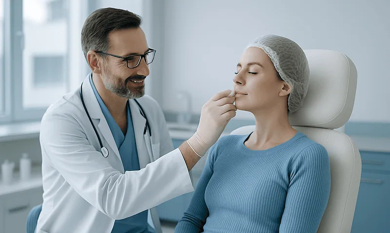 How Bichectomy (Cheek Reduction) Is Performed: The Incision Inside the Mouth Explained 3 Doctor examining a woman's nose in a clinical setting.