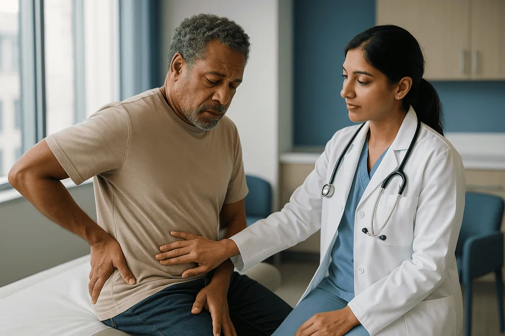 Doctor examining patient's lower back and abdomen, How big are your kidneys, and can you find them on yourself?