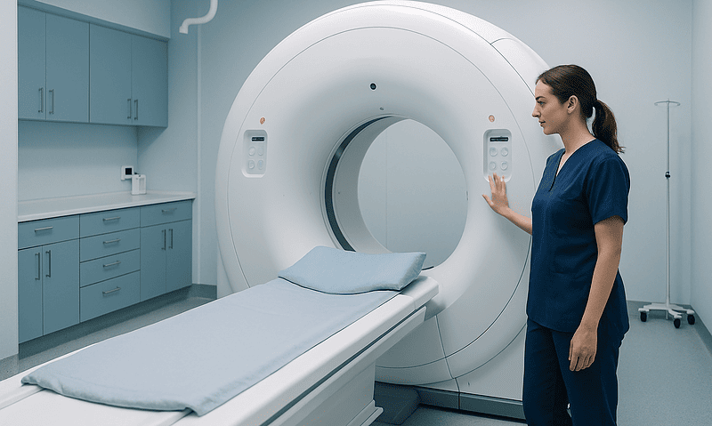 Medical professional prepares MRI scanner in hospital room.