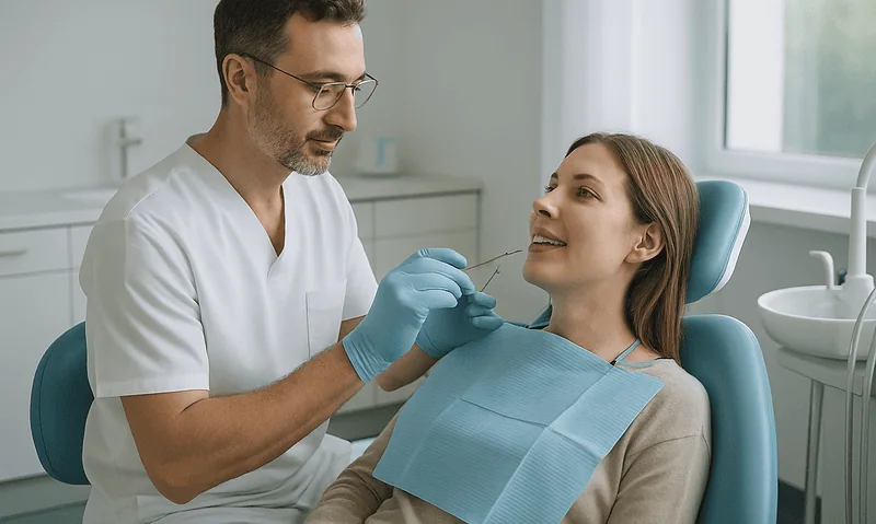 Dentist examining patient's gums during dental check-up at Acibadem Hospital.