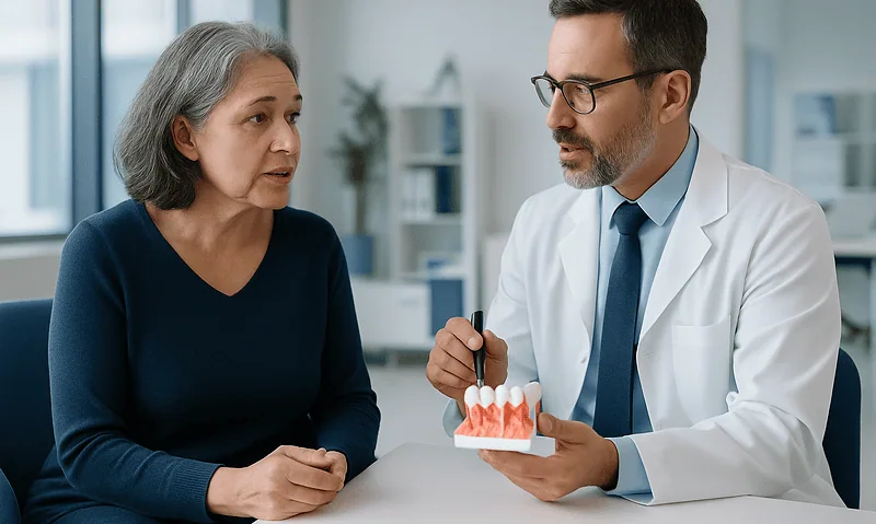 Dentist explaining gum health to an elderly woman in a clinic.