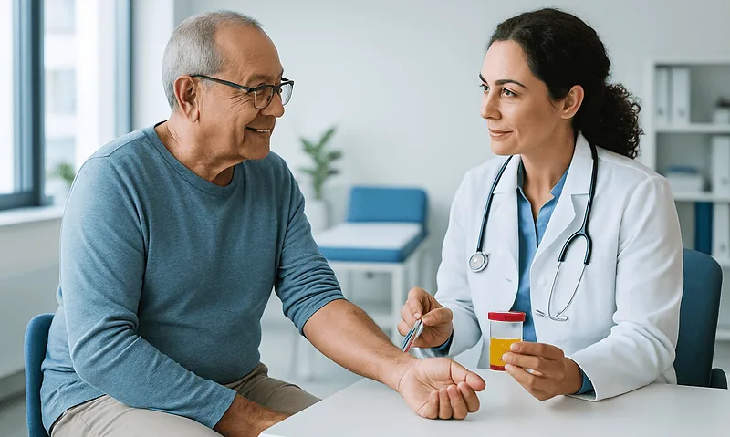 Doctor explaining blood test results to an elderly patient in a clinic.