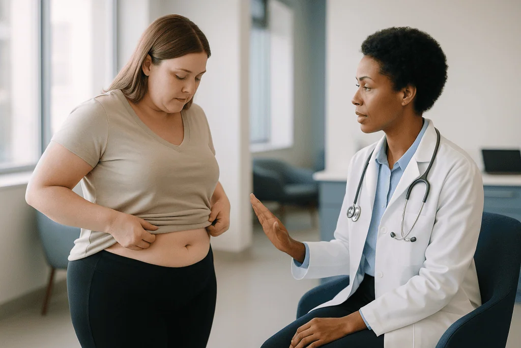 Doctor consulting patient about abdominal health concerns: How body contouring surgery actually works