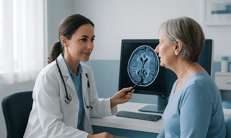 Doctor explaining brain scan to patient in a medical office.
