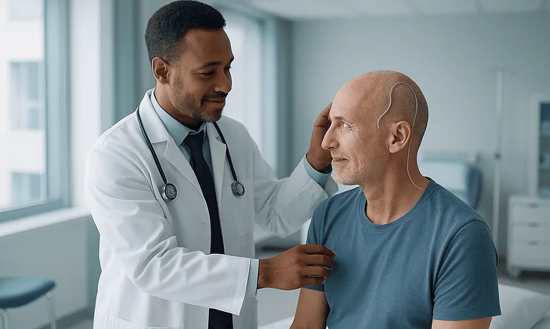 Doctor examining a patient with a brain shunt in a hospital room.