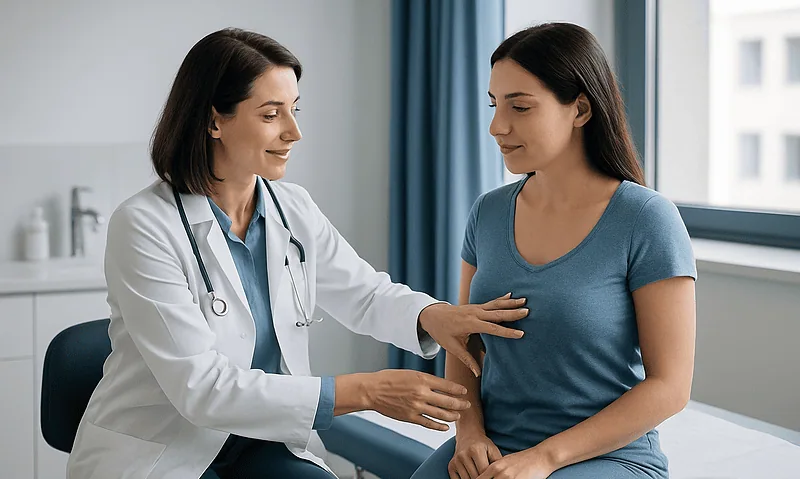 Doctor examining a patient in a clinical setting at Acibadem Hospitals Group.