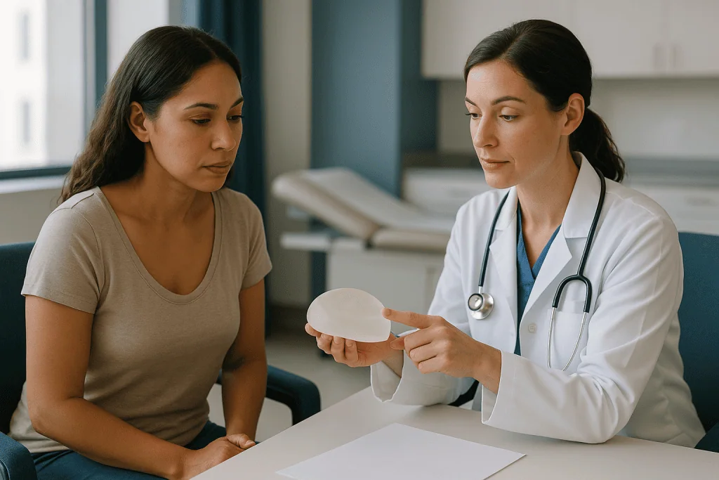 Doctor showing silicone implant to female patient: How breast implant replacement surgery works, step by step