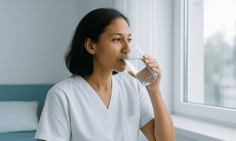 Female healthcare professional drinking water in a clinical setting.