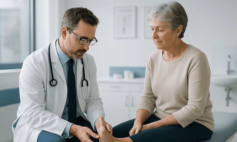 How Bunions Are Treated, and When Surgery Is Worth It 3 Doctor examining an elderly woman's foot in a clinical setting.