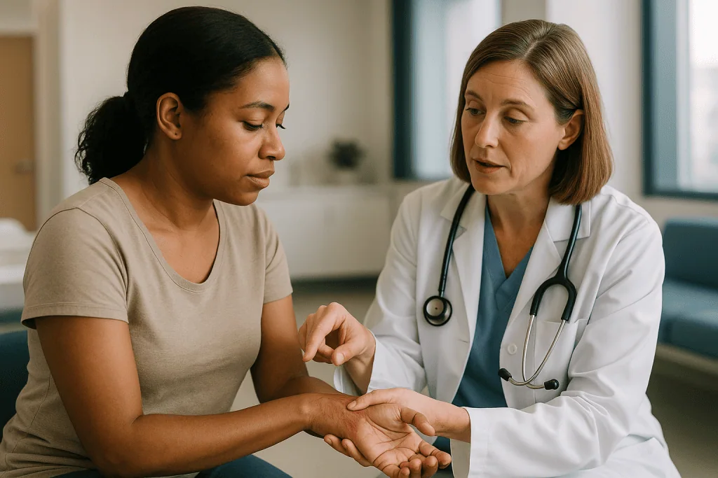 Doctor examining patient's hand during consultation — How burn scar treatment actually works: what happens under the skin