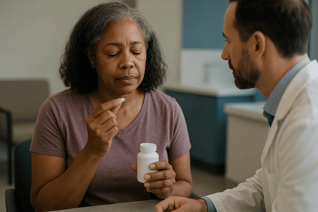 Patient discussing medication bottle with male healthcare provider: How can a pain reliever start causing headaches?