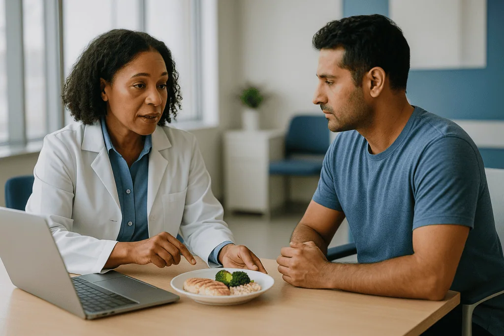 Female doctor consulting male patient with healthy meal plate: How Can I Calculate My Daily Protein Needs?