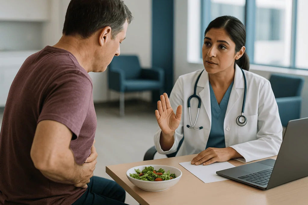 Doctor consulting patient about diet and digestive health: How can I tell if I'm in a Crohn's flare-up? Signs of a Crohn's f