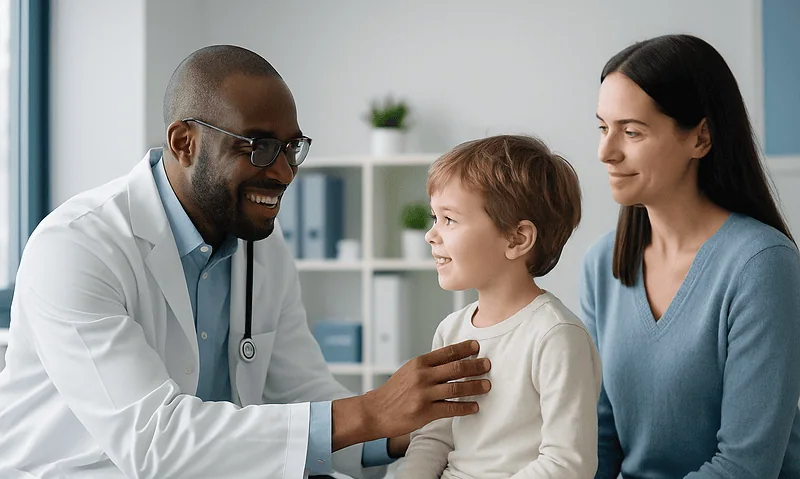Pediatric doctor examining a young boy with mother in a clinic setting.
