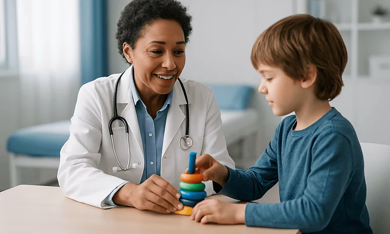 Pediatrician and young boy engaging in sensory play with stacking rings.