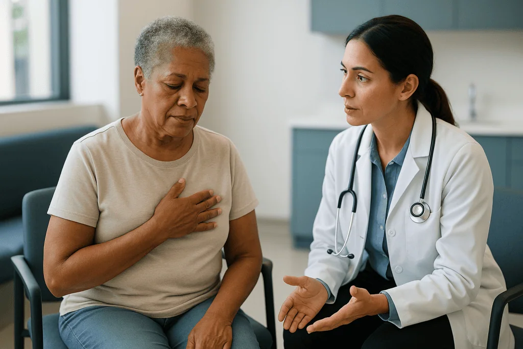 Doctor consulting with older patient about chest symptoms — How can you tell if you have stable or unstable angina?