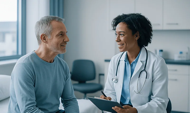 Doctor consulting with a patient in a modern medical office.
