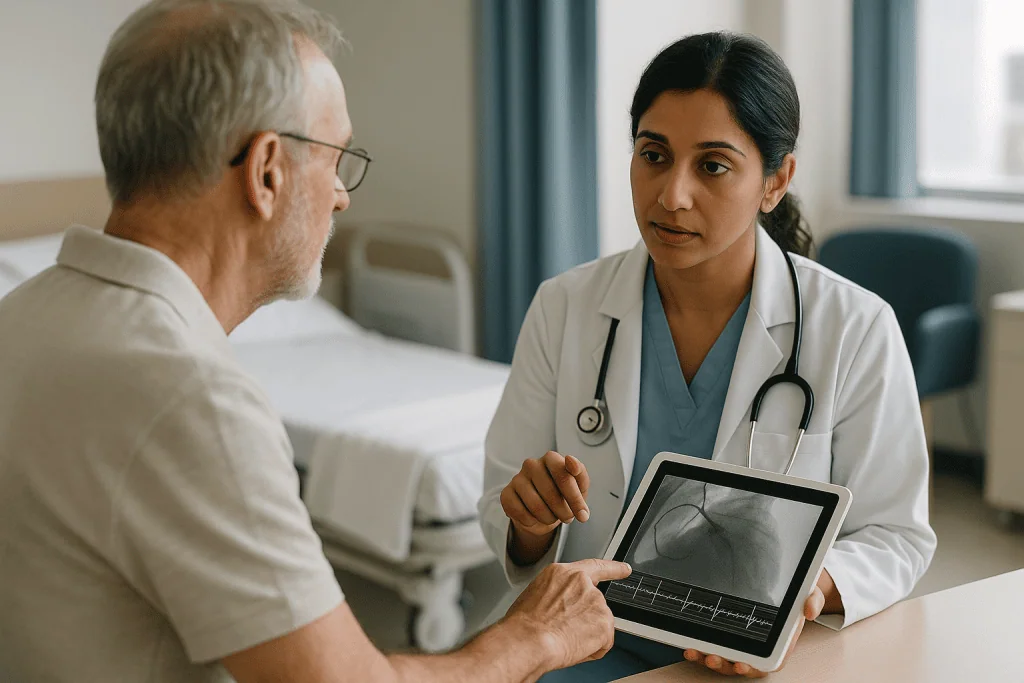 Doctor consulting elderly patient using tablet with cardiac imaging: How cardiac arrhythmia treatment actually works