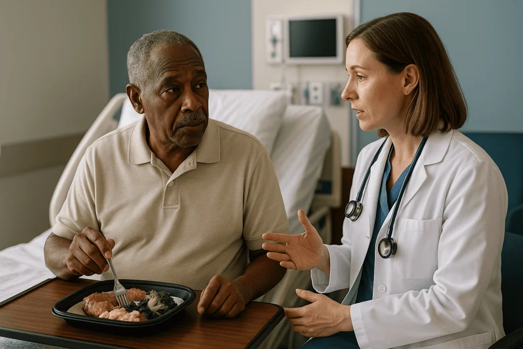 Doctor consulting patient during hospital meal: How cardiogenic pulmonary edema happens inside the chest