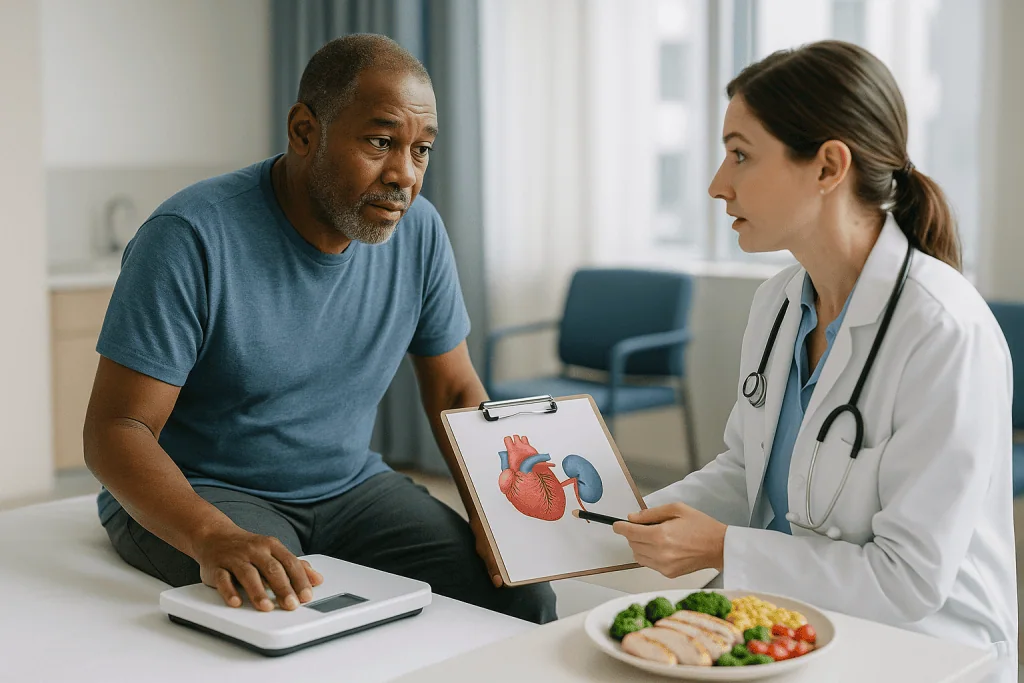 Doctor explaining heart and kidney anatomy to patient: How cardiorenal syndrome actually works: pressure, plumbing and signa