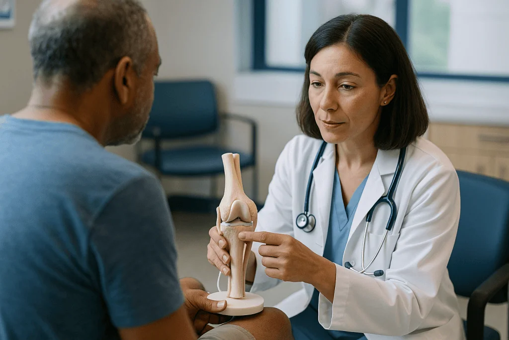 Doctor explaining knee anatomy model to patient: How cartilage restoration actually works: the main techniques in plain lang
