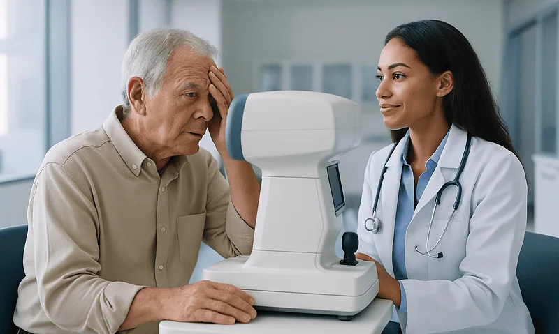 Optometrist performs eye exam on elderly patient with advanced eye condition.