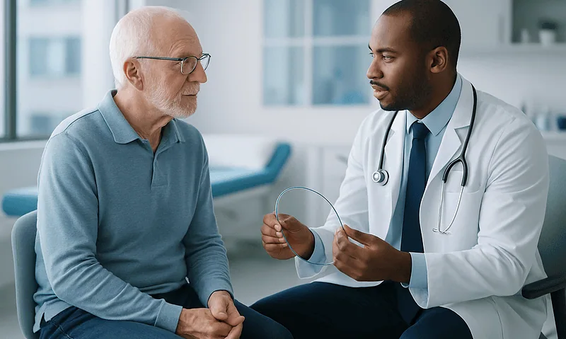Cardiologist explaining treatment options to an elderly patient in a clinic.