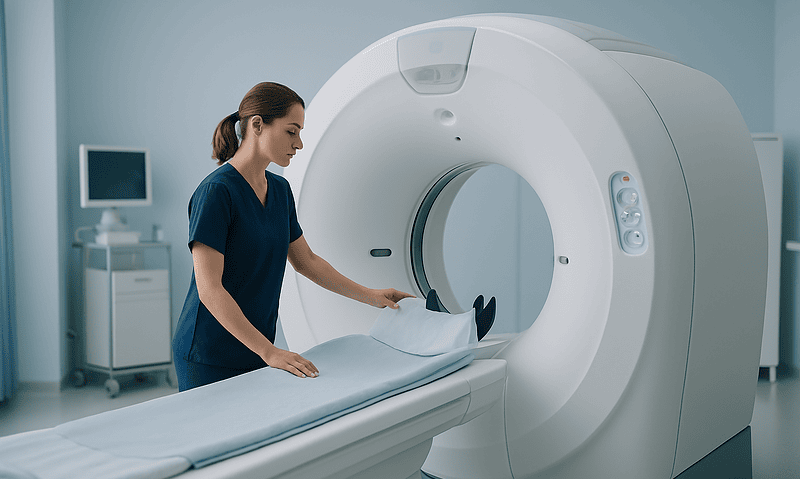Medical technician prepares patient for MRI scan at Acibadem Hospital.