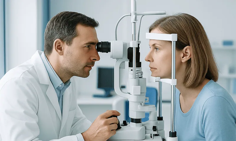 Ophthalmologist examining a woman's eyes with a slit lamp in a clinic.