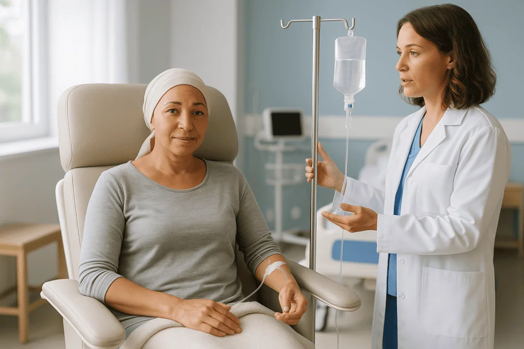 Doctor consulting patient receiving intravenous infusion therapy: How chemotherapy works, whichever side of surgery it falls